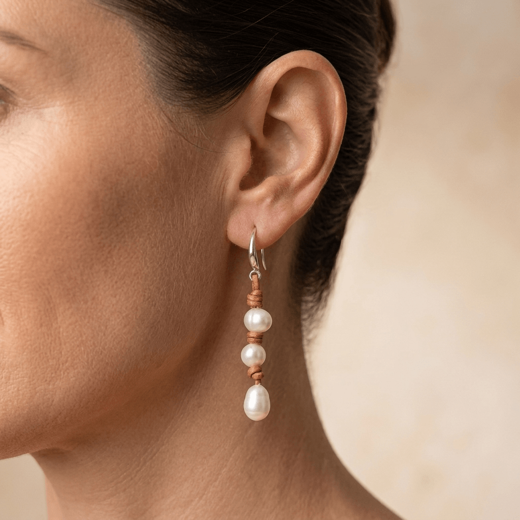 Handmade Silver Freshwater Pearl Leather Drop Earrings