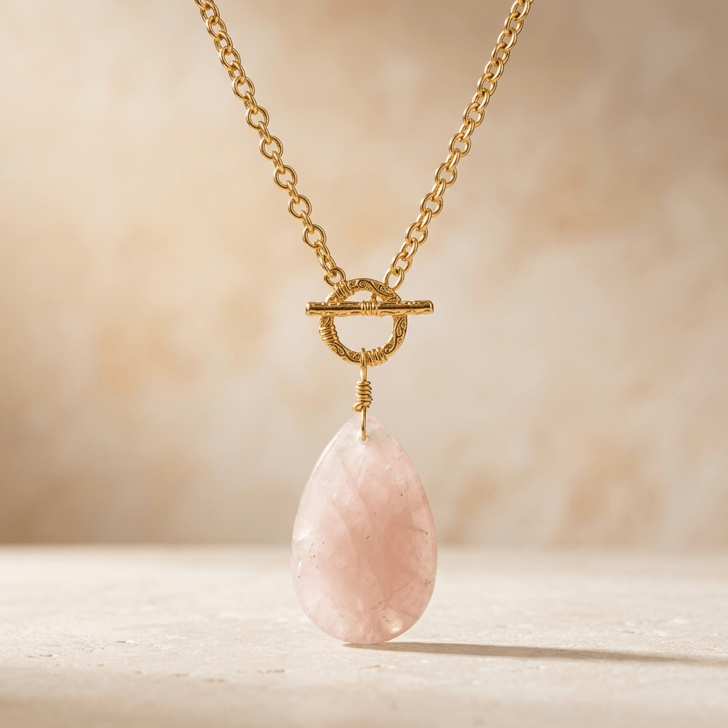 Rose Quartz Teardrop Gold Toggle Necklace