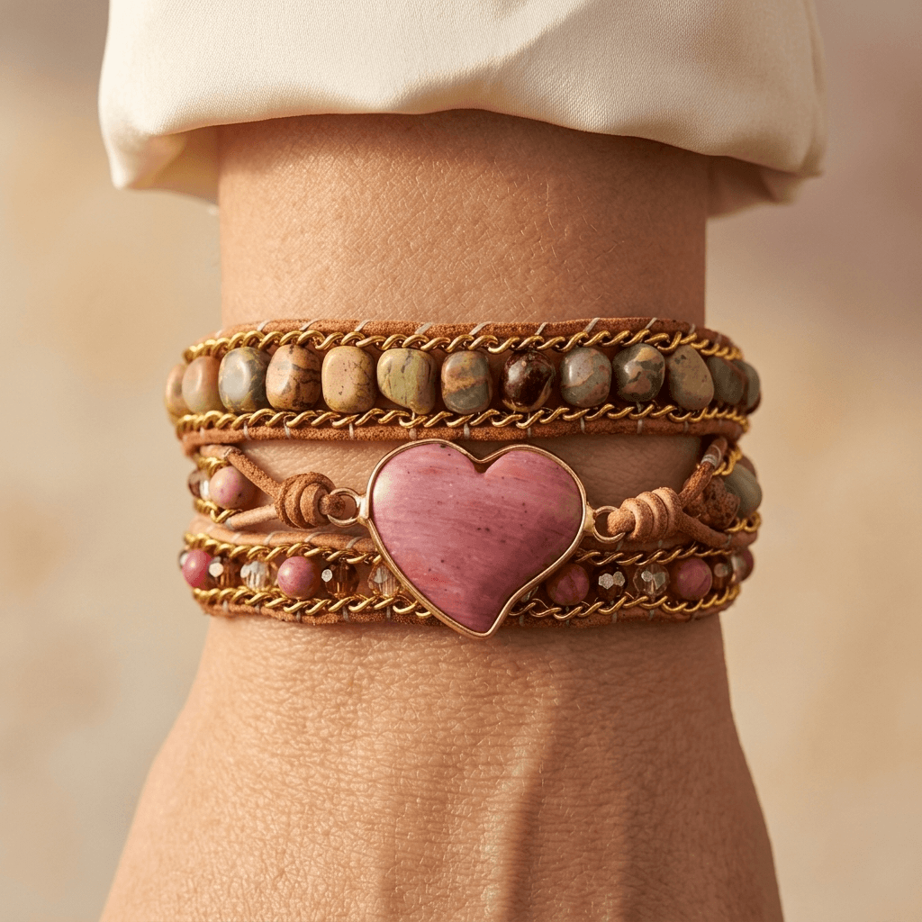 Natural Rhodonite Heart Gold Wrap Bracelet