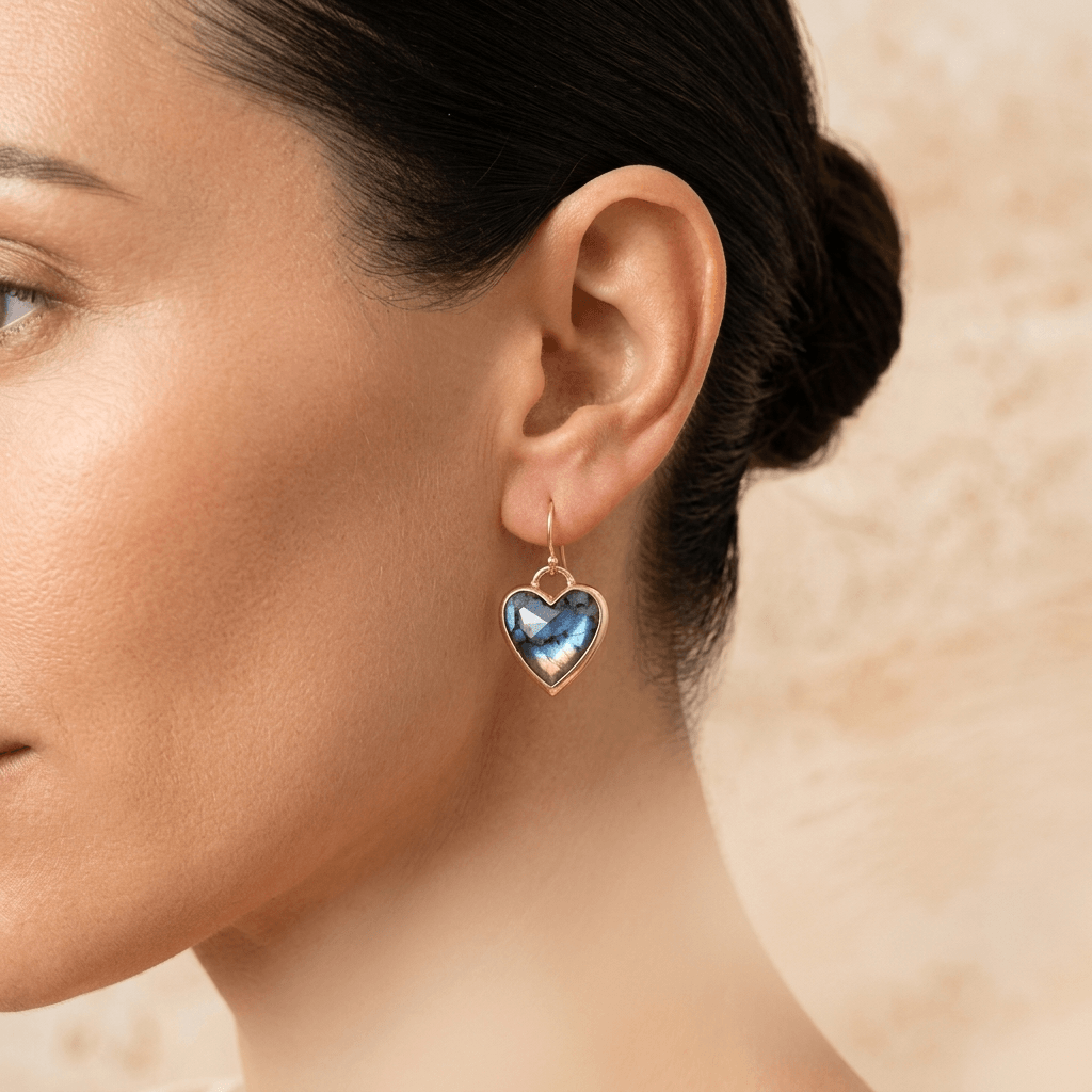 Labradorite Gold Heart Drop Earrings