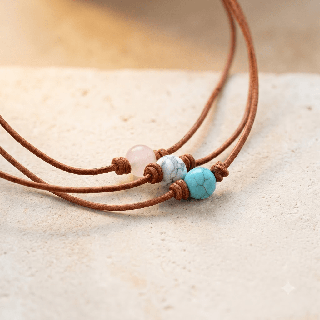 Boho Leather Rose Quartz Turquoise Bead Necklace
