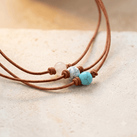 Boho Leather Rose Quartz Turquoise Bead Necklace