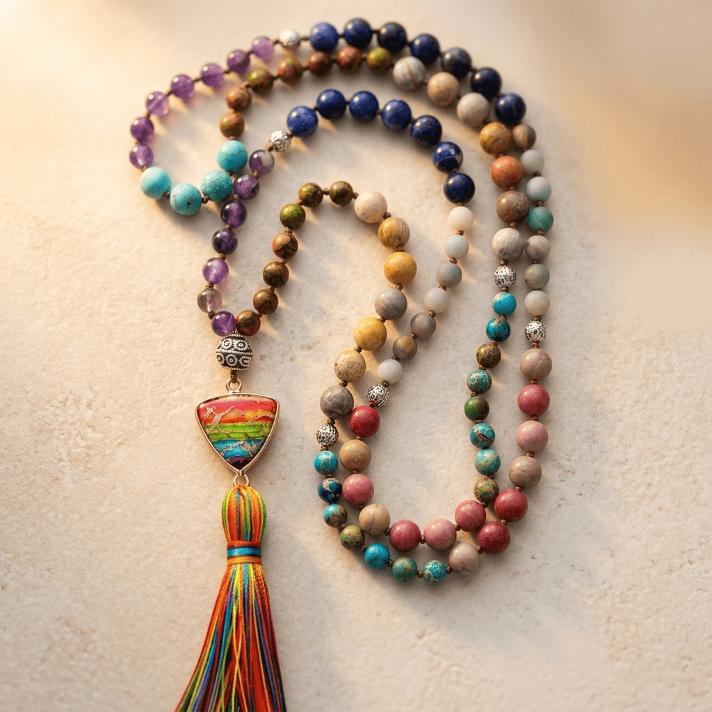 Chakra Gemstone Silver Rainbow Tassel Necklace