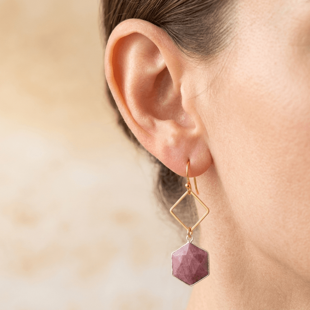 Pink Rhodonite Gold Diamond Drop Earrings