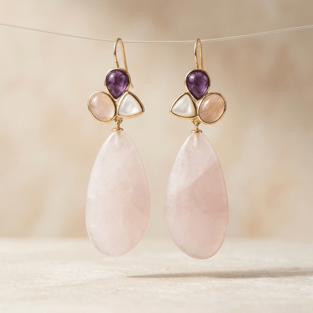 Rose Quartz Amethyst Gold Drop Earrings