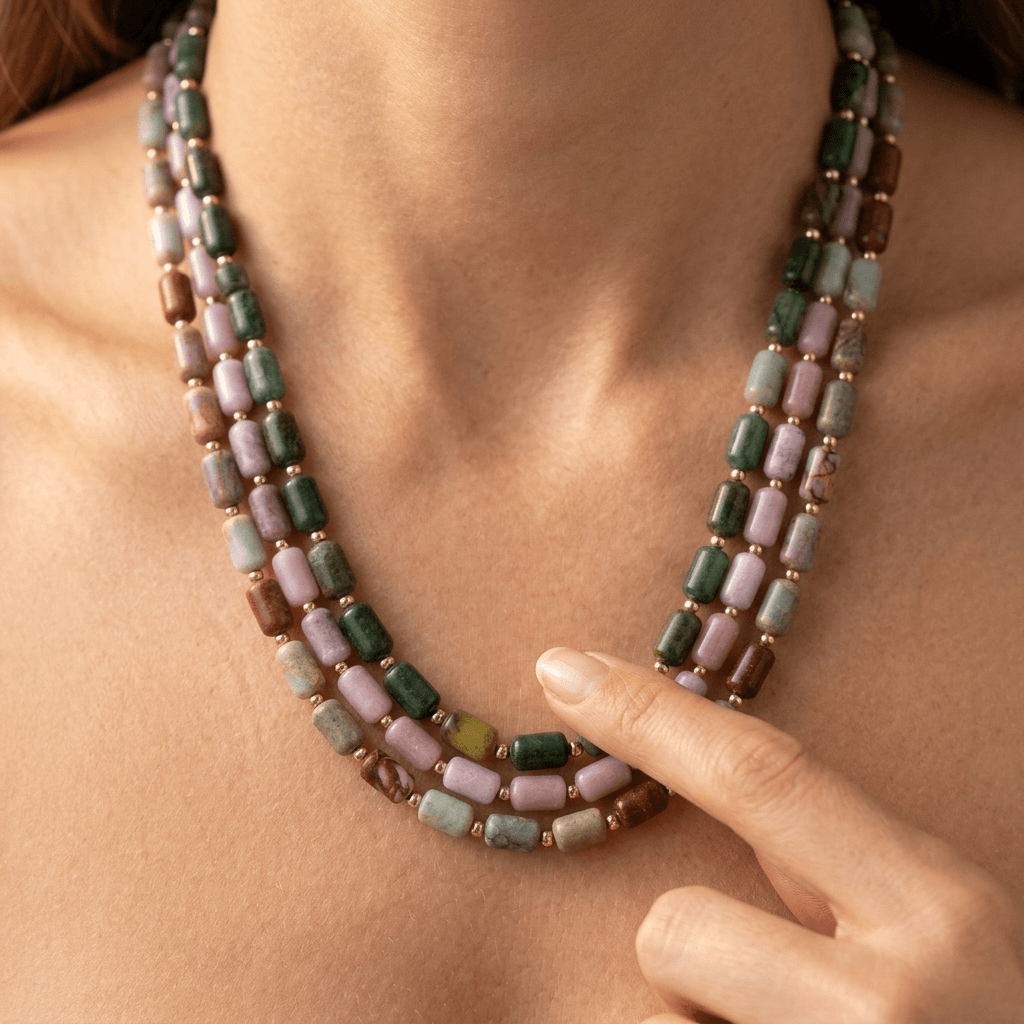 Multi Gemstone Barrel Beads Gold Layered Necklace