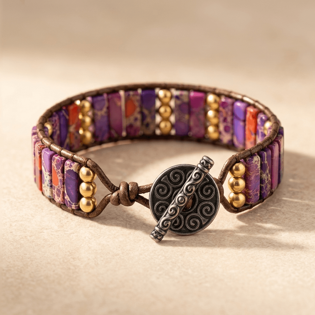 Purple Jasper Tube Beads Leather Wrap Bracelet