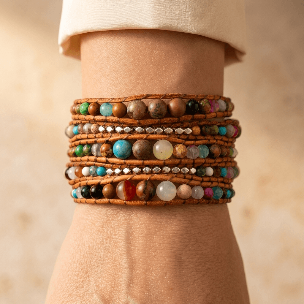 Handmade Natural Gemstone Leather Wrap Bracelet