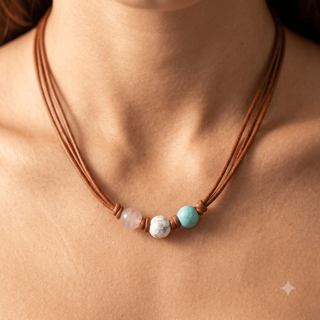 Boho Leather Rose Quartz Turquoise Bead Necklace