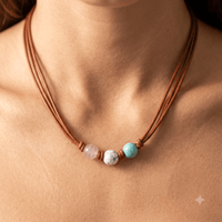 Boho Leather Rose Quartz Turquoise Bead Necklace
