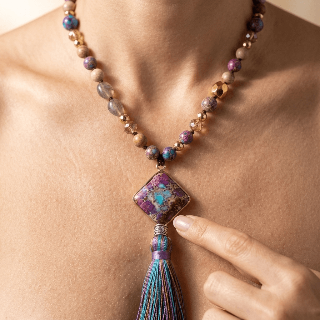 Handmade Purple Jasper Diamond Tassel Necklace
