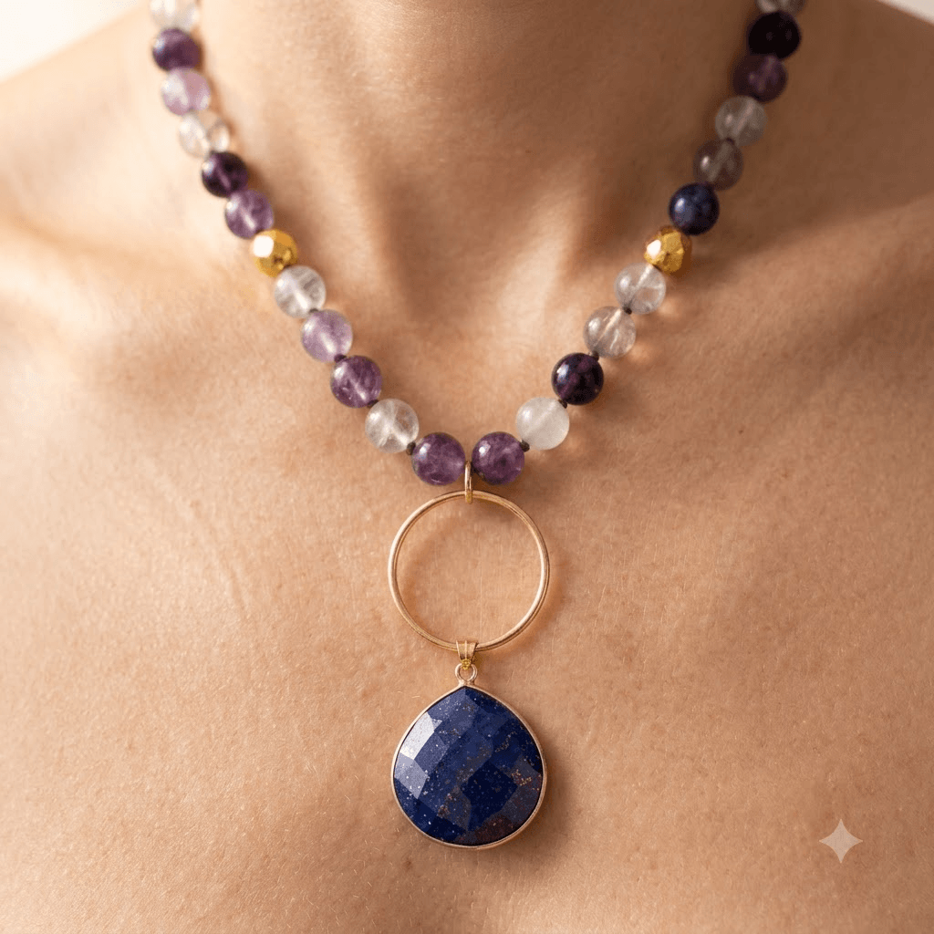 Purple Amethyst Gold Lapis Lazuli Pendant Necklace
