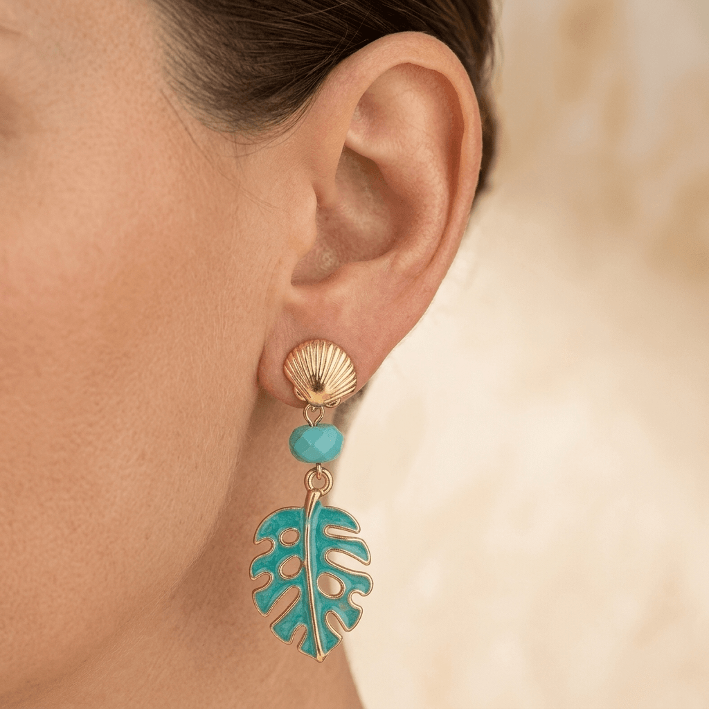 Tropical Gold Turquoise Leaf Drop Earrings