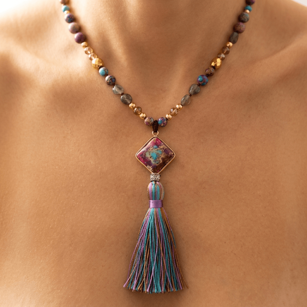 Handmade Purple Jasper Diamond Tassel Necklace