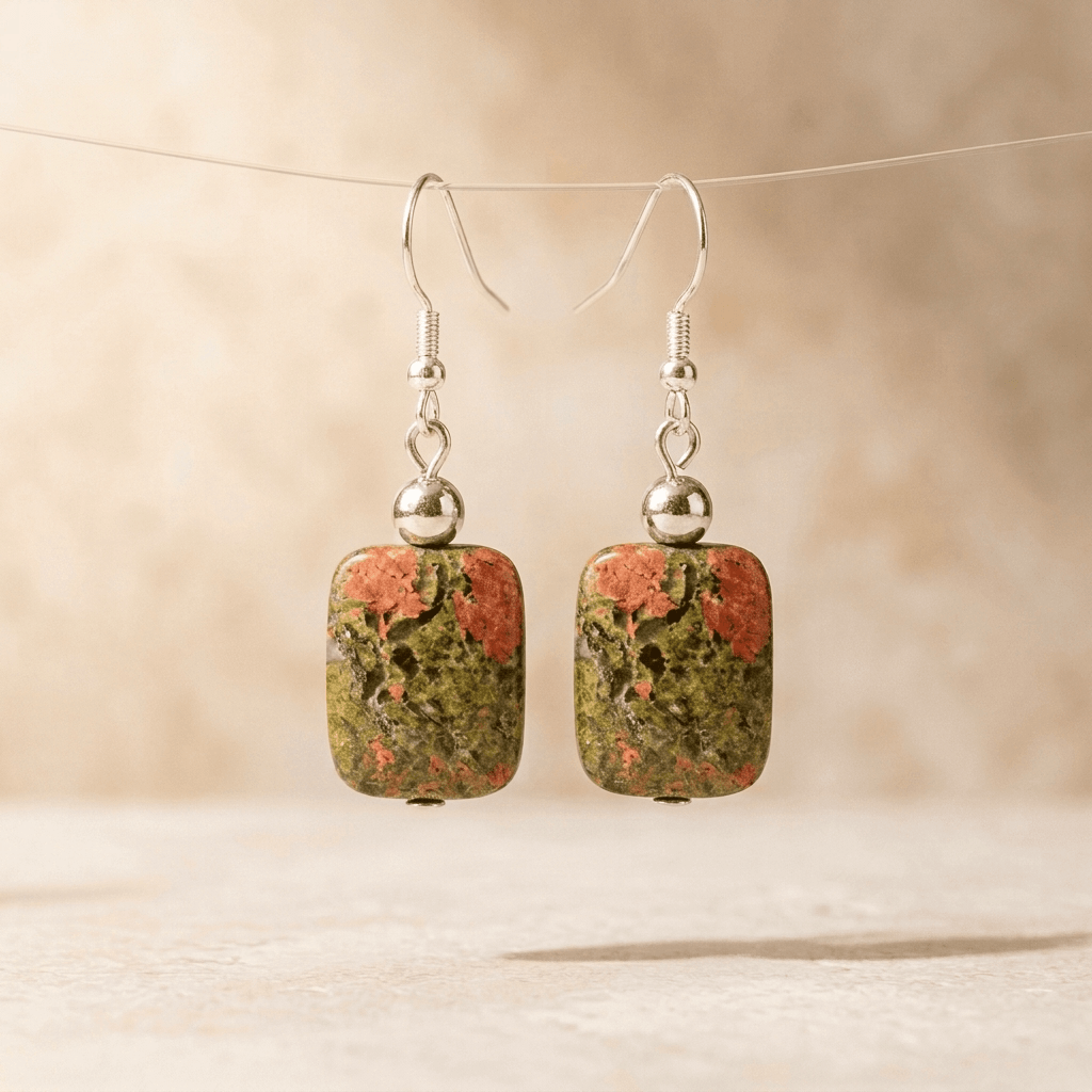 Natural Unakite Silver Square Drop Earrings