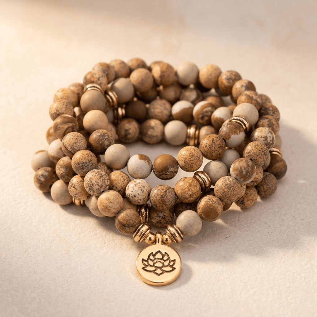 Matte Picture Jasper Mala Bead Bracelet