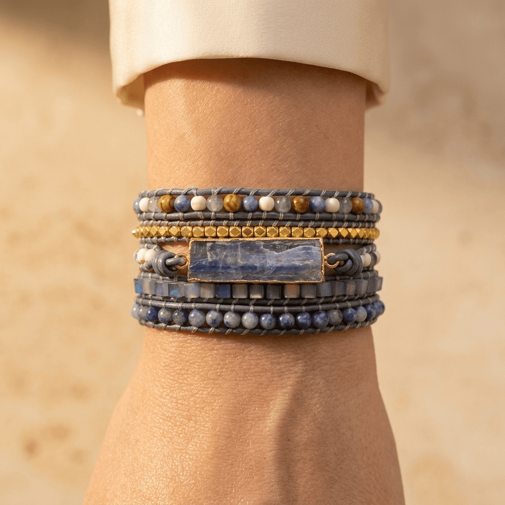 Handmade Sodalite Gold Leather Wrap Bracelet