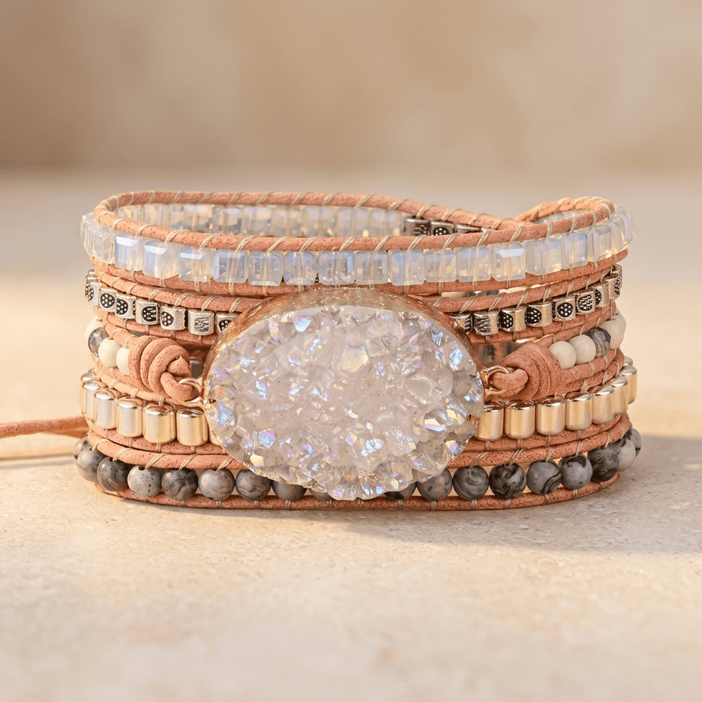 Handmade Celestine Druzy Cork Wrap Bracelet