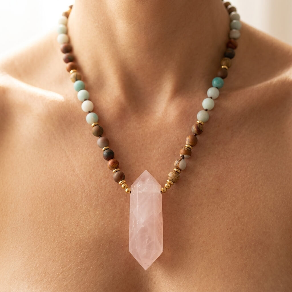 Amazonite Jasper Rose Quartz Point Necklace