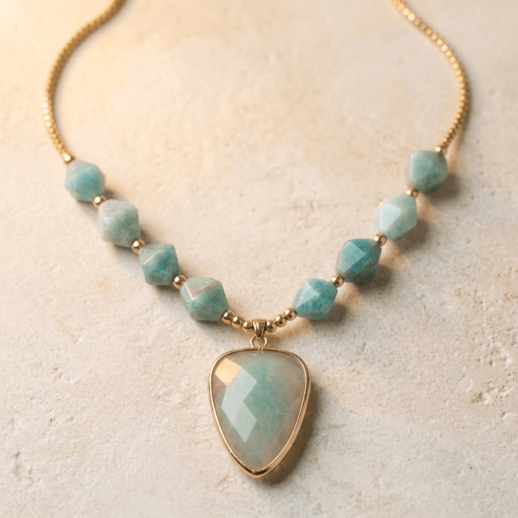 Natural Amazonite Gold Faceted Pendant Necklace
