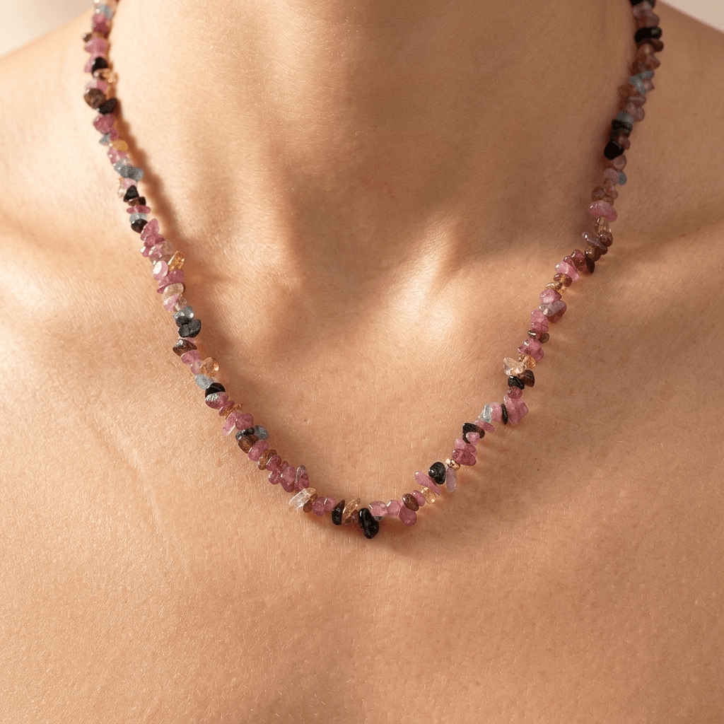 Natural Pink Tourmaline Chip Beaded Necklace