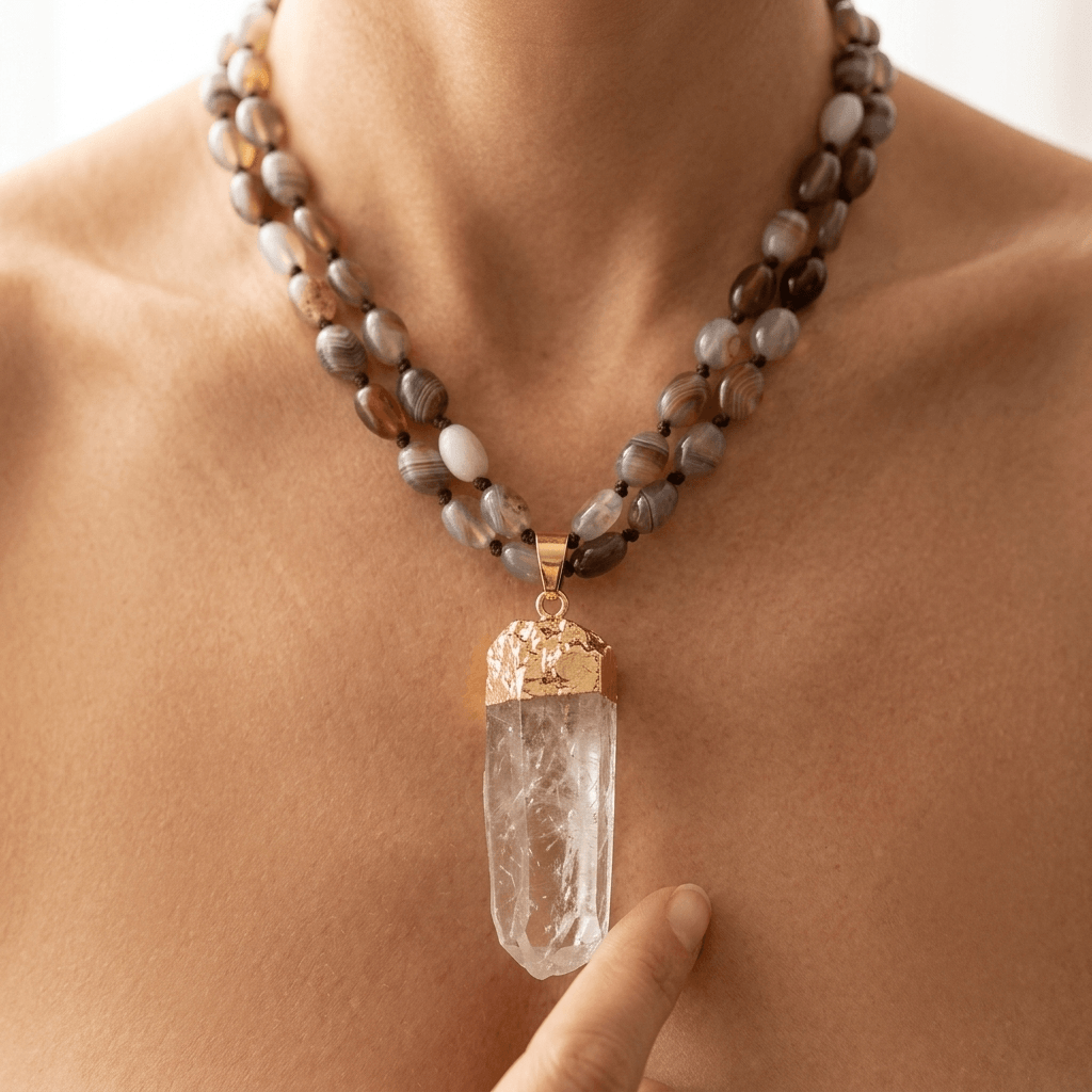 Natural Agate Gold Quartz Point Necklace