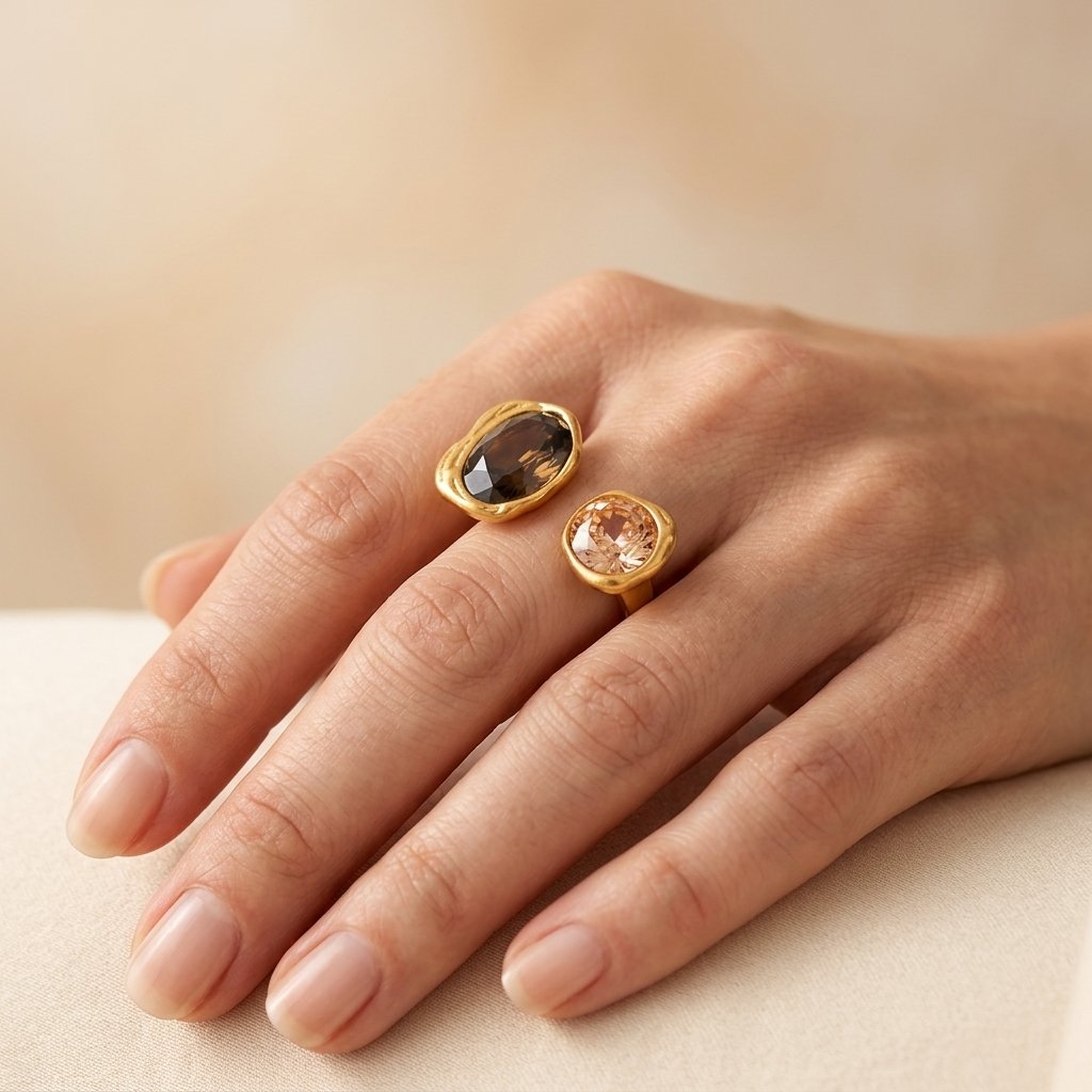 Gold Smoky Quartz Peach Tourmaline Ring
