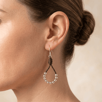 Brown Leather Silver Bead Teardrop Earrings