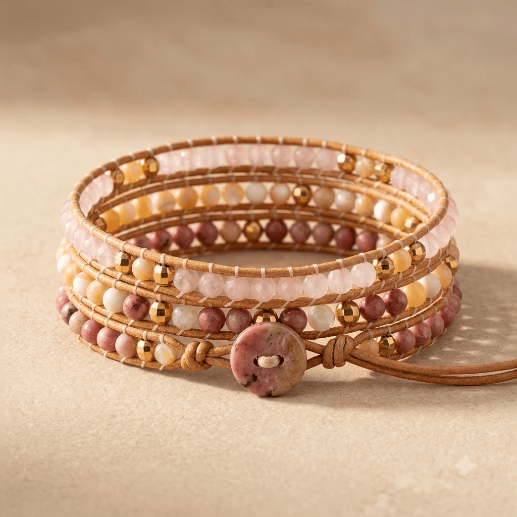 Natural Rose Quartz Leather Wrap Bracelet
