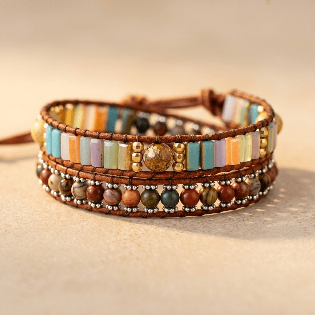 Handmade Jasper Crystal Leather Wrap Bracelet