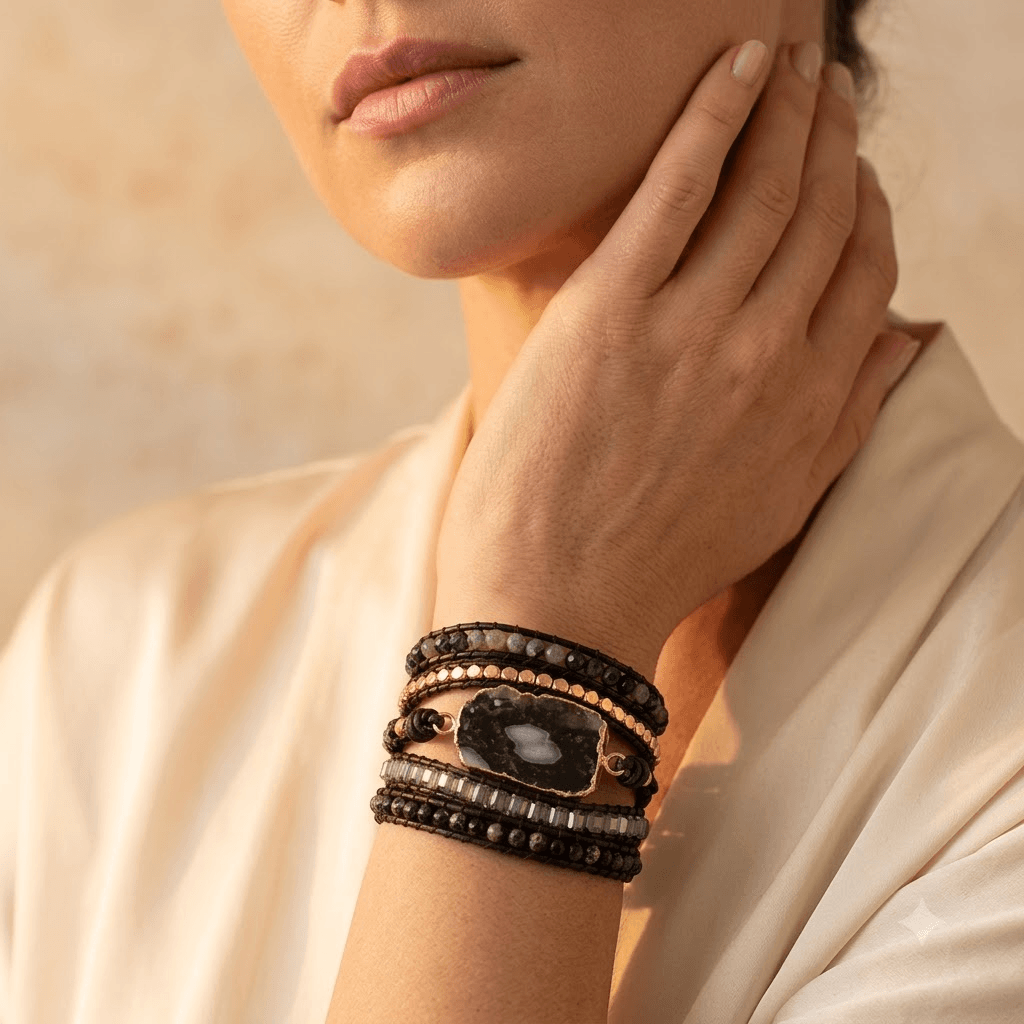 Dark Agate Gold Beaded Wrap Bracelet