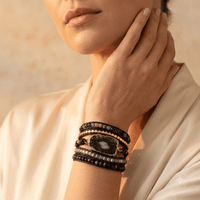 Dark Agate Gold Beaded Wrap Bracelet