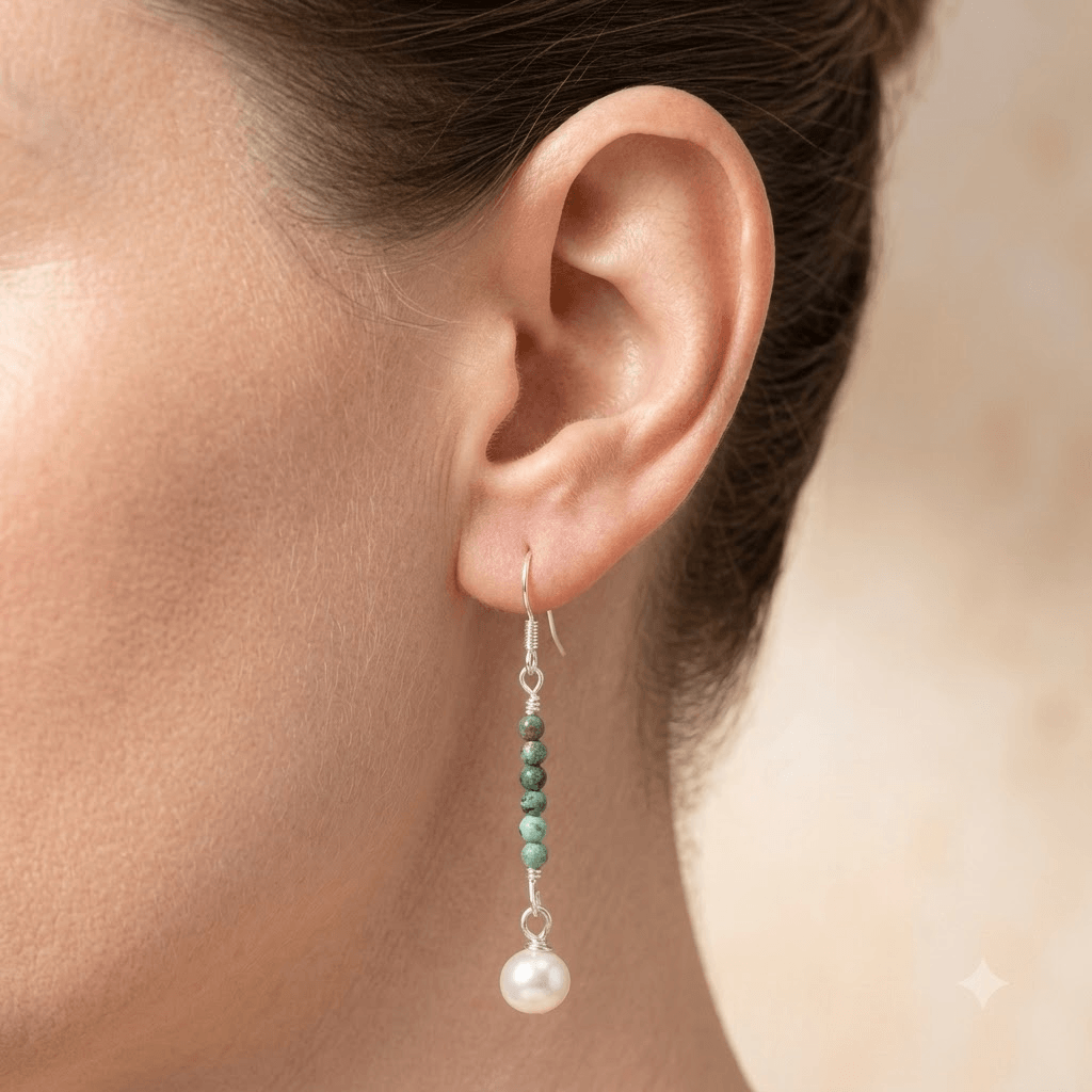 African Turquoise Pearl Silver Drop Earrings