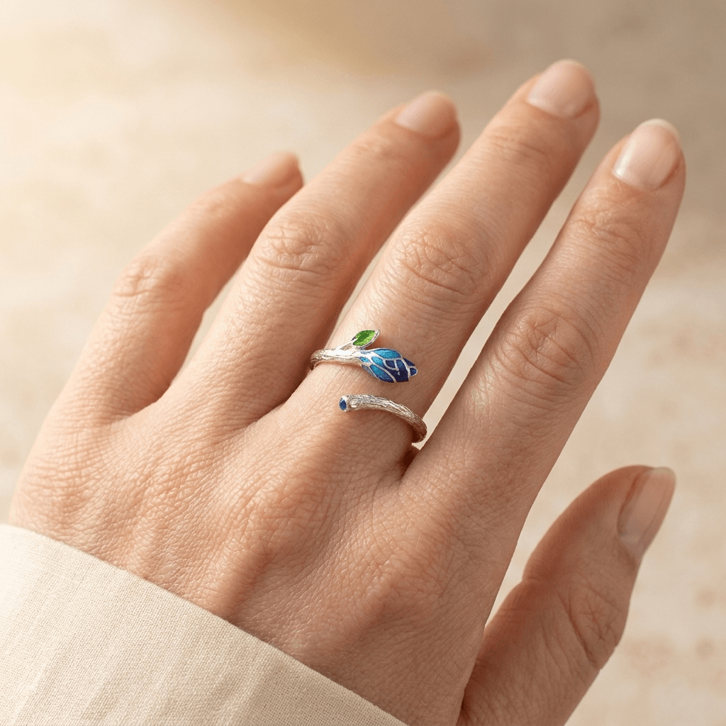 Silver Blue Flower Leaf Open Ring