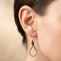 Brown Leather Silver Bead Teardrop Earrings
