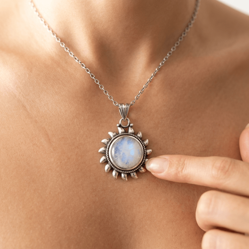 Sterling Silver Moonstone Sun Pendant Necklace