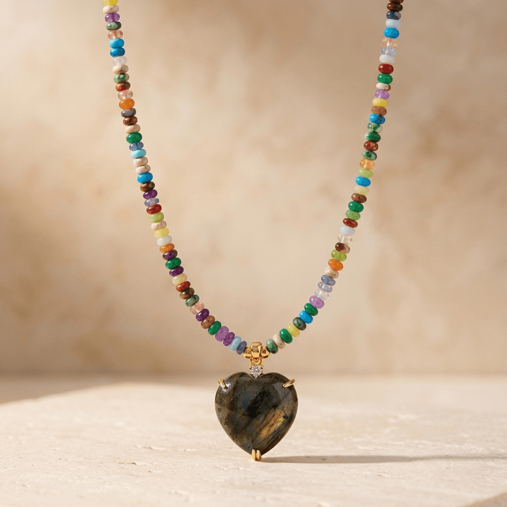 Labradorite Heart Multicolor Beaded Necklace