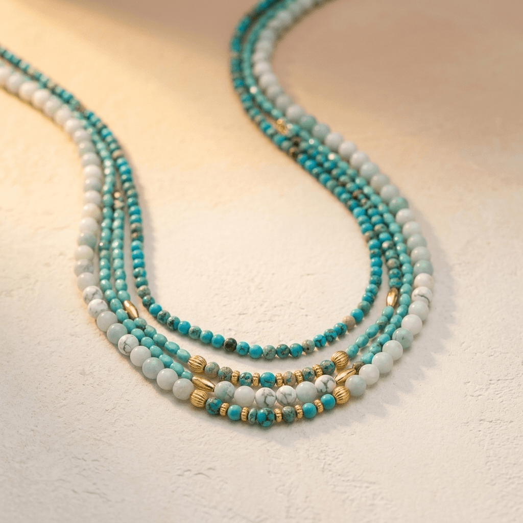 Turquoise Gold Layered Beaded Pendant Necklace
