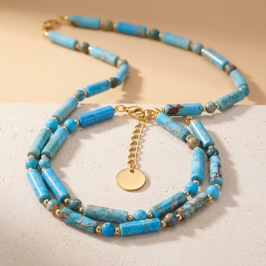 Boho Gold Turquoise Barrel Bead Necklace