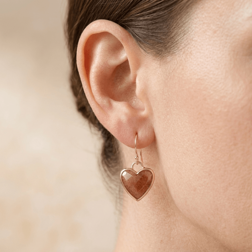 Strawberry Quartz Gold Heart Drop Earrings