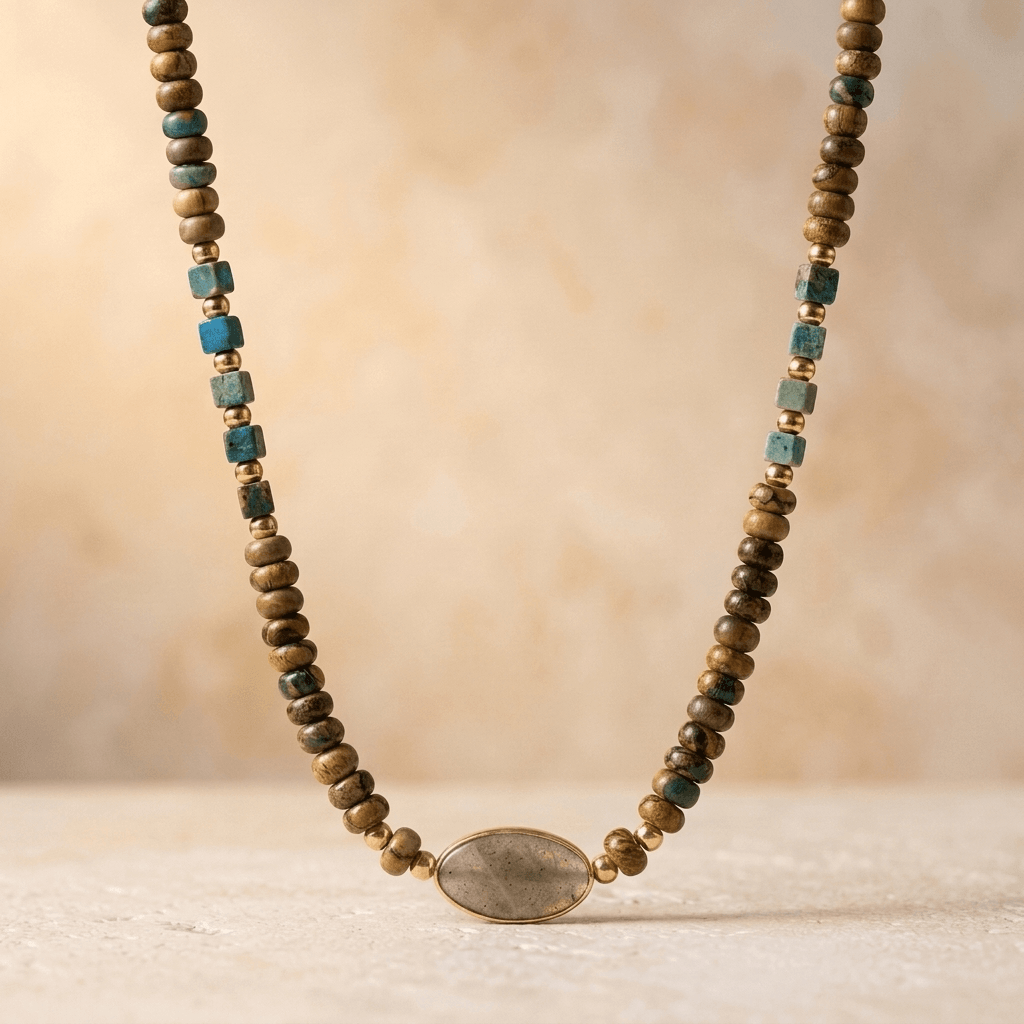 Boho Brass Wood Bead Jasper Necklace