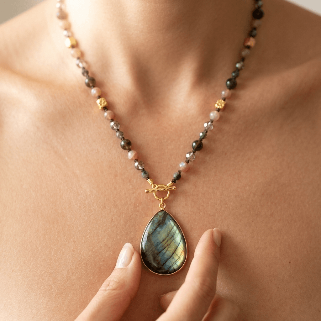 Labradorite Strawberry Quartz Gold Teardrop Necklace
