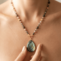 Labradorite Strawberry Quartz Gold Teardrop Necklace