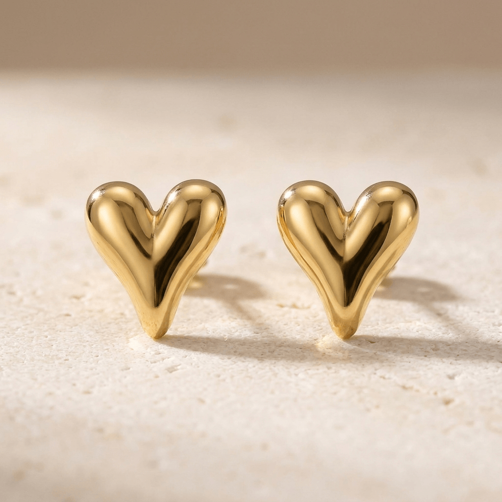 Gold Puffy Heart Stud Earrings