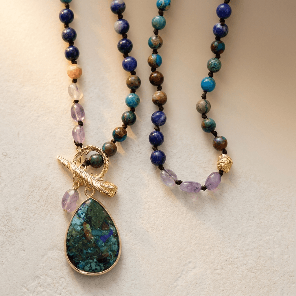 Ocean Jasper Amethyst Gold Teardrop Necklace