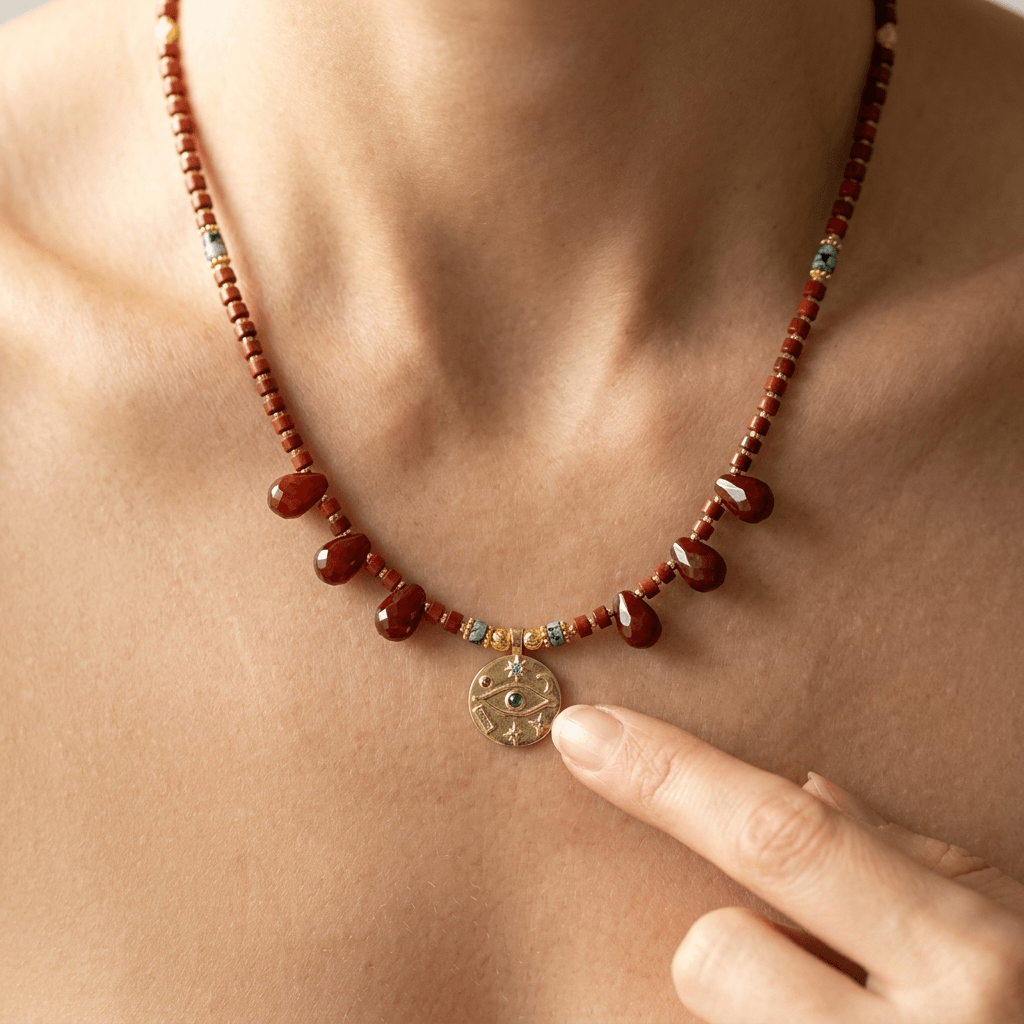 Red Jasper Gold Egyptian Eye Charm Necklace