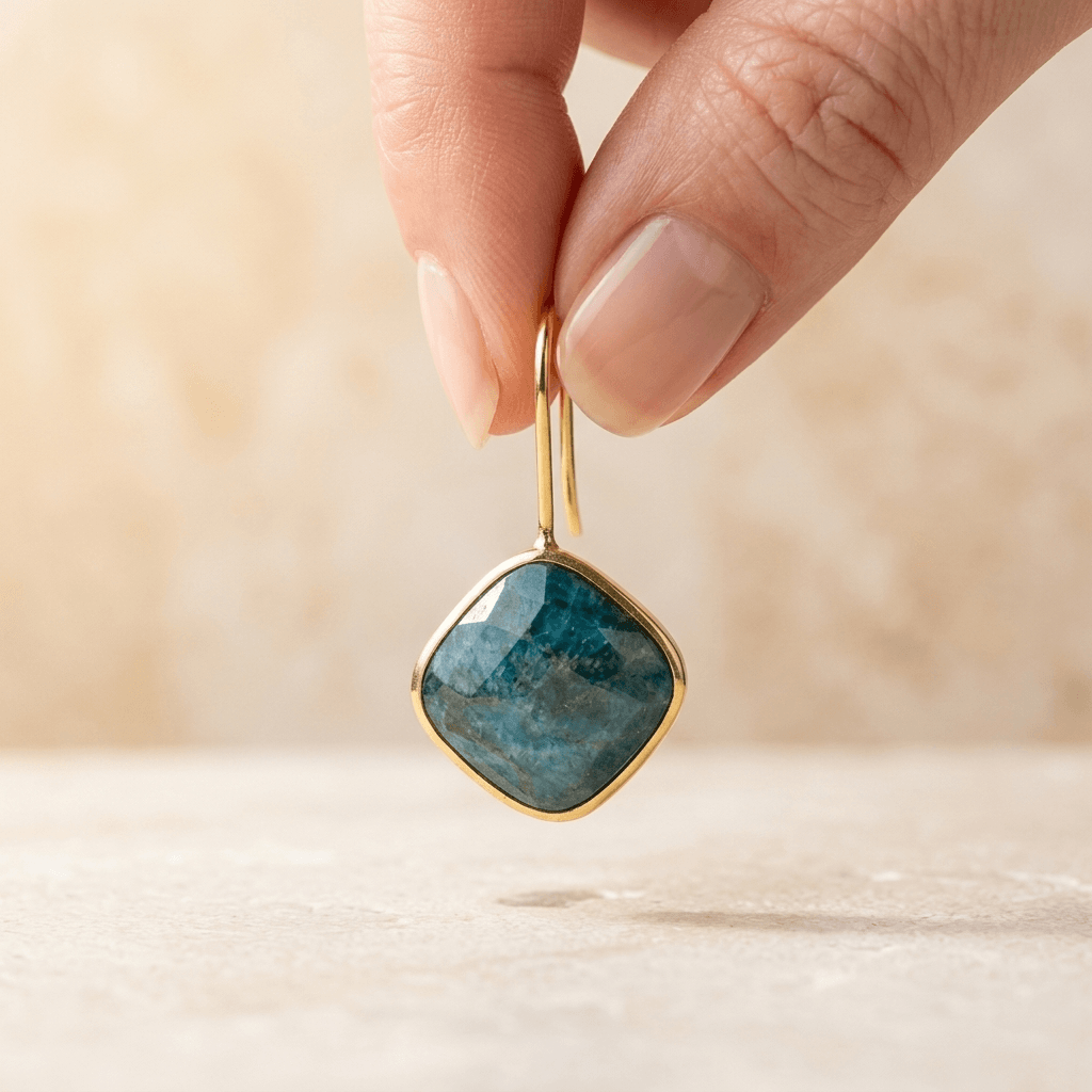 Blue Apatite Gold Cushion Drop Earrings