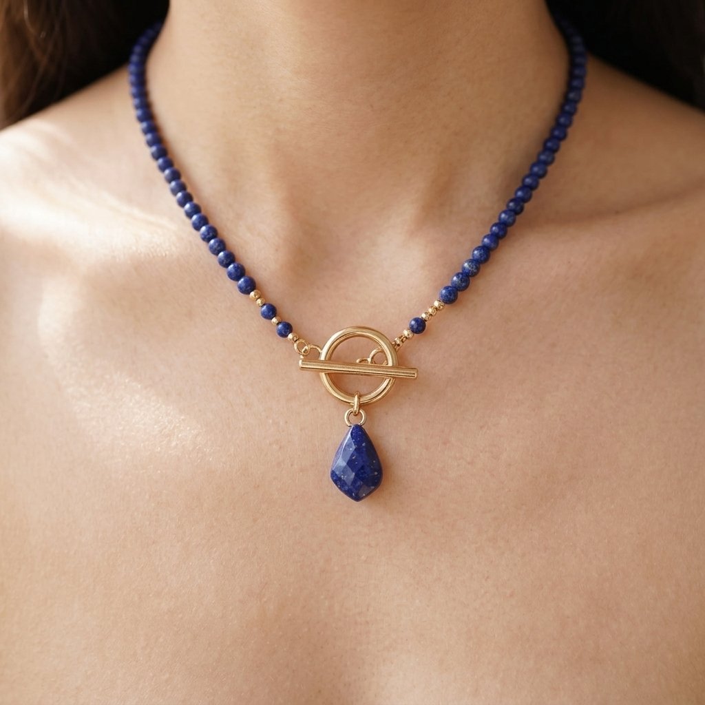 Gold Lapis Lazuli Beaded Teardrop Necklace