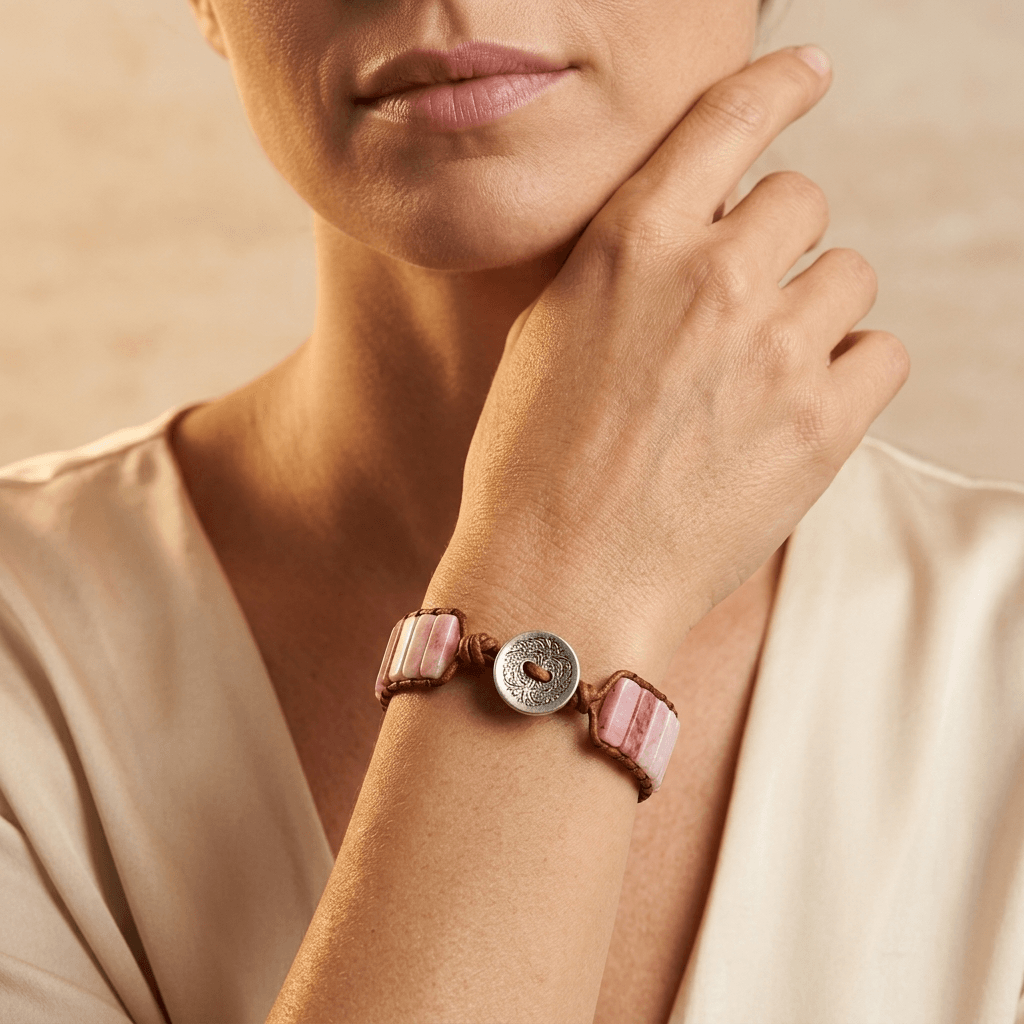 Pink Opal Stone Silver Charm Leather Wrap Bracelet