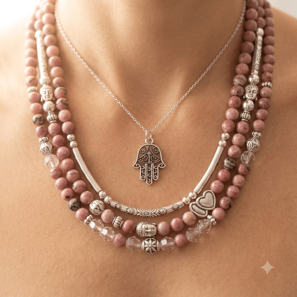 Pink Rhodonite Silver Hamsa Charm Mala Necklace